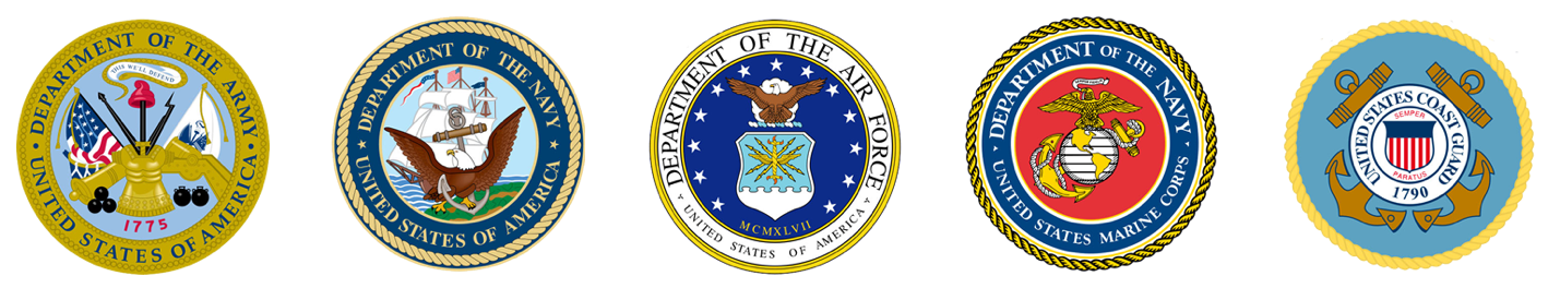 Logos for army, navy, air force, marines and coast guard